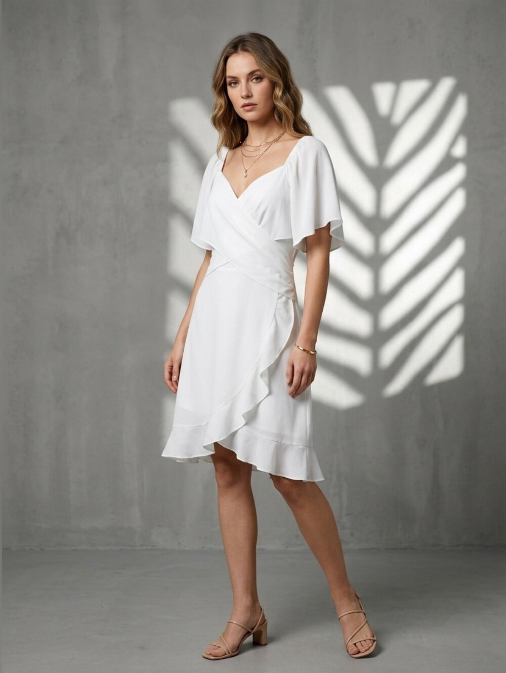 DOKOTOO White Smocked Back Puff Sleeve Ruffle Hem Bridal Shower Dress Large